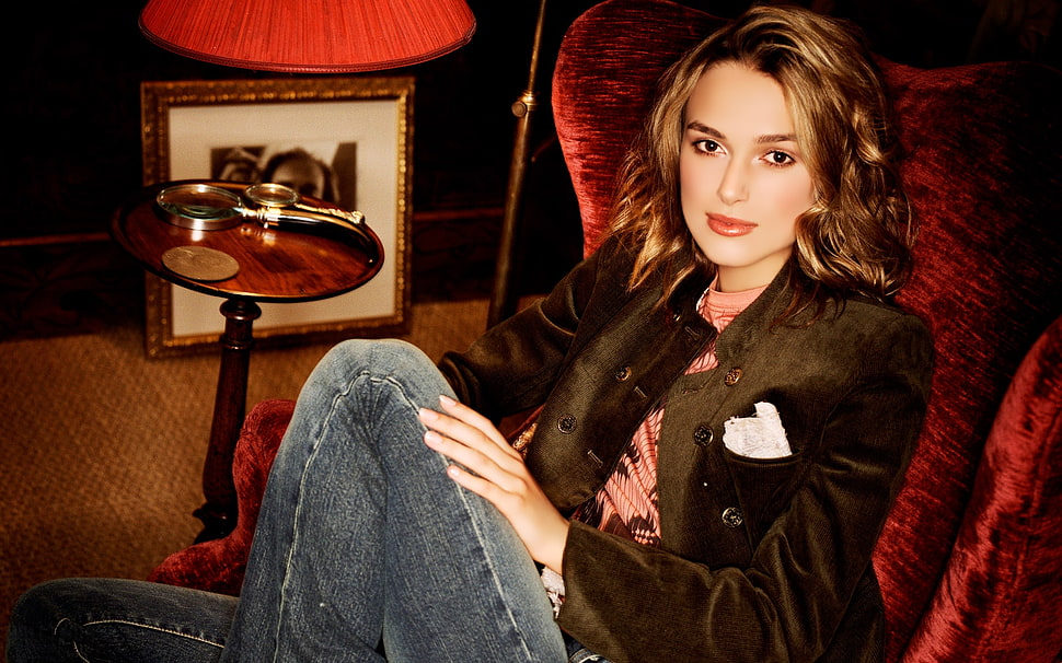 Natalie Portman sitting on red velvet winged chair HD wallpaper